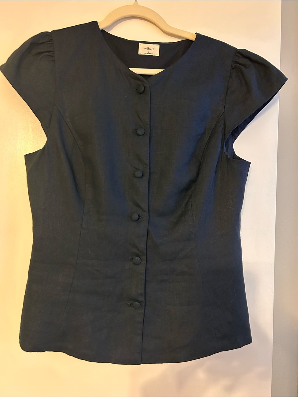 Aritzia Wilfred Dark Navy Button-Front Cap Sleeve Top